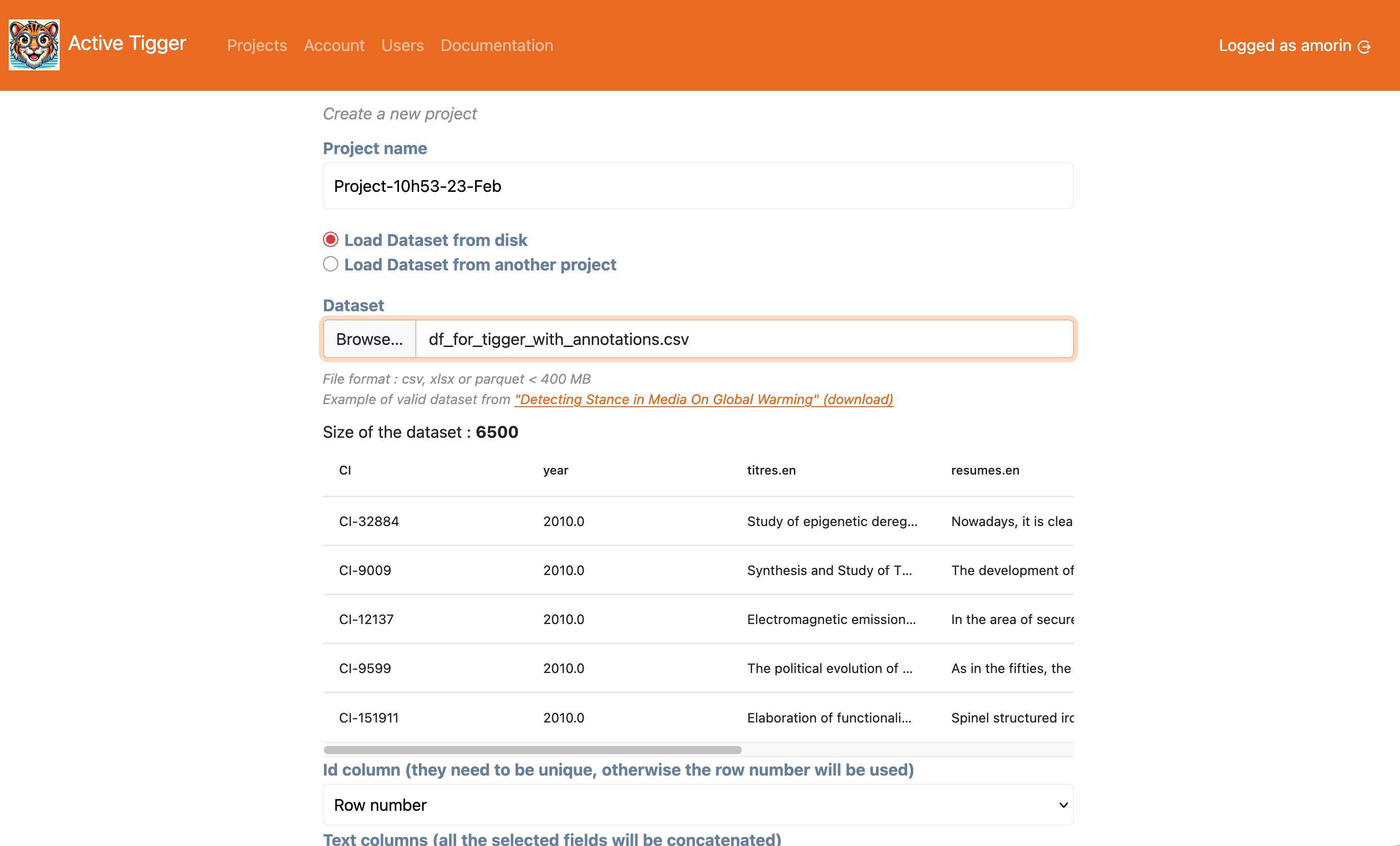 Overview of the Project Creation page