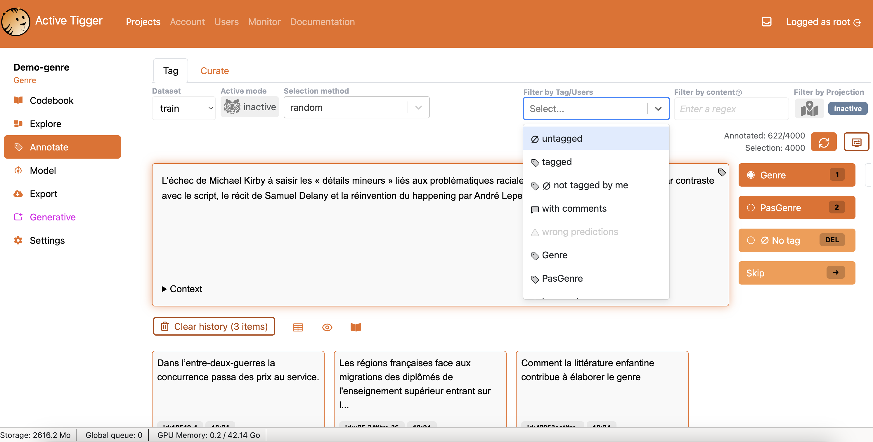 ActiveTigger annotation interface, with a text to tag and label buttons
