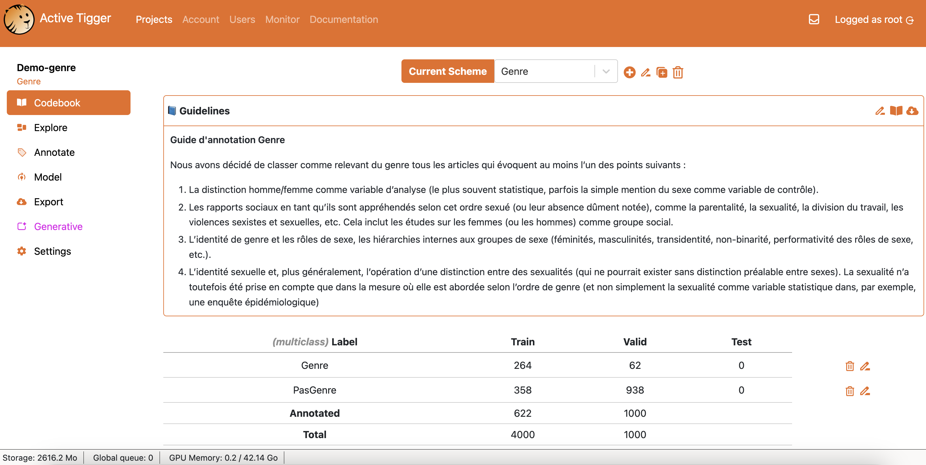 ActiveTigger codebook view with annotation guidelines and label counts