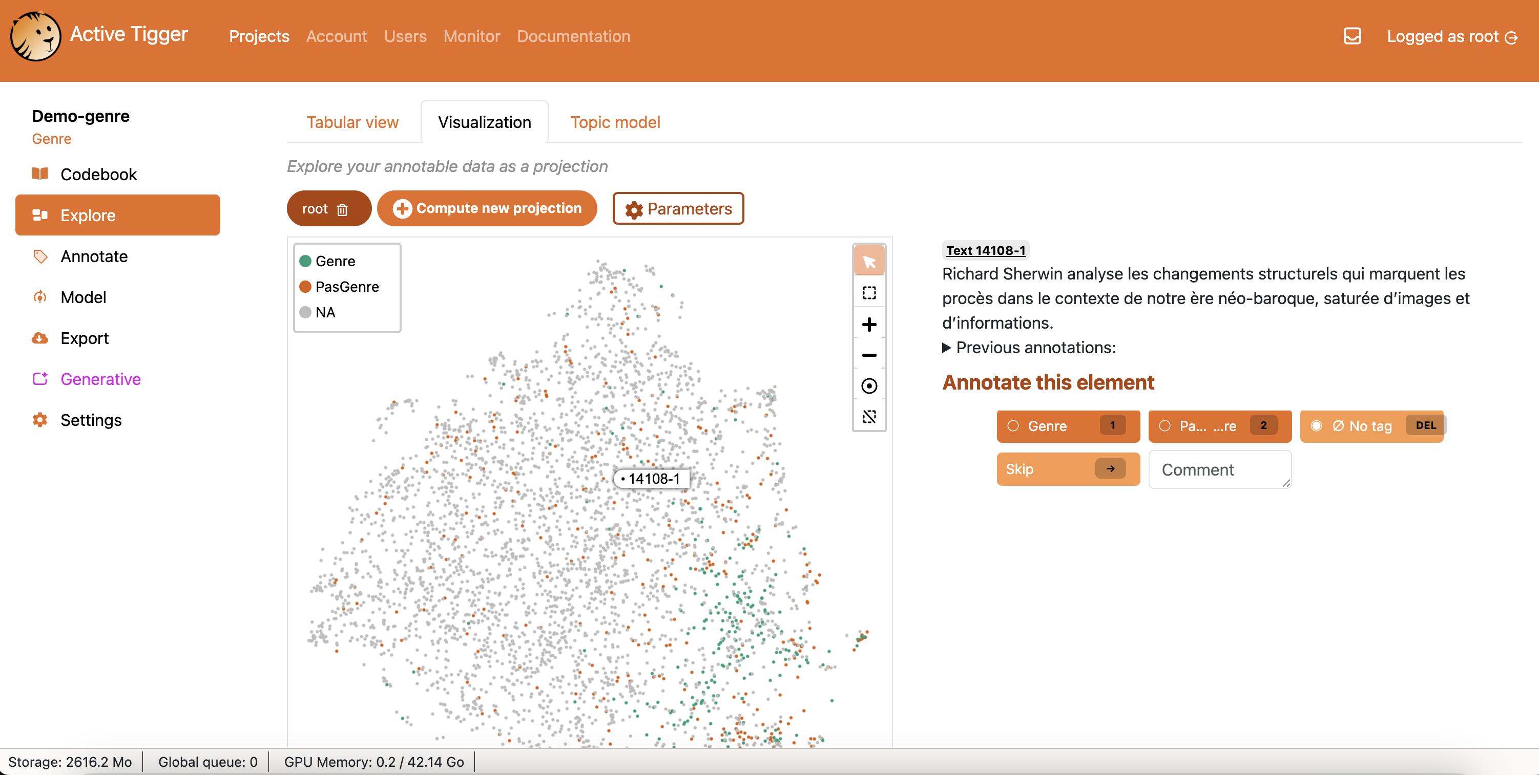 ActiveTigger exploration view of a corpus, with search and visualisation tools