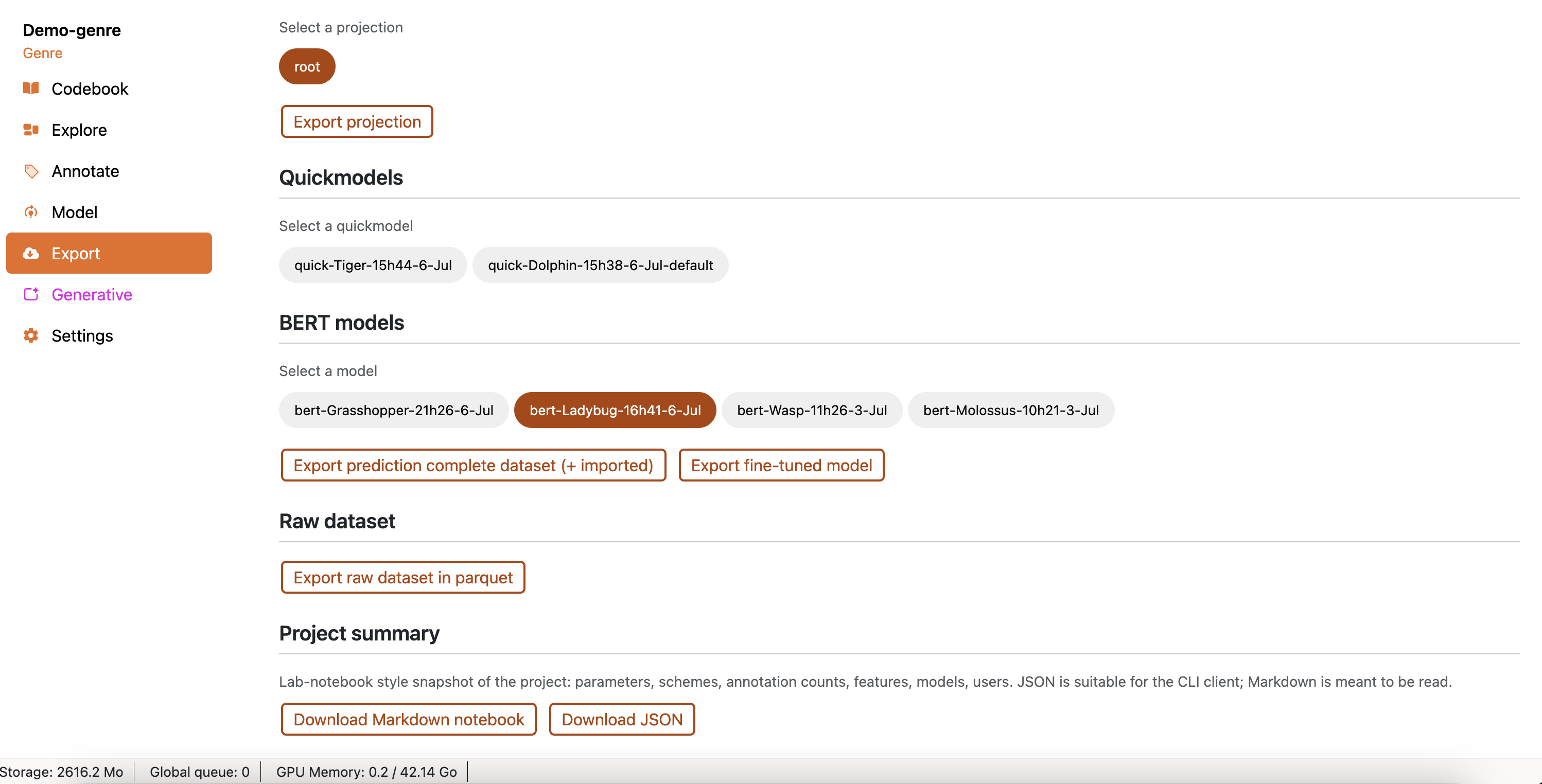 ActiveTigger export view listing downloadable annotations, predictions and models