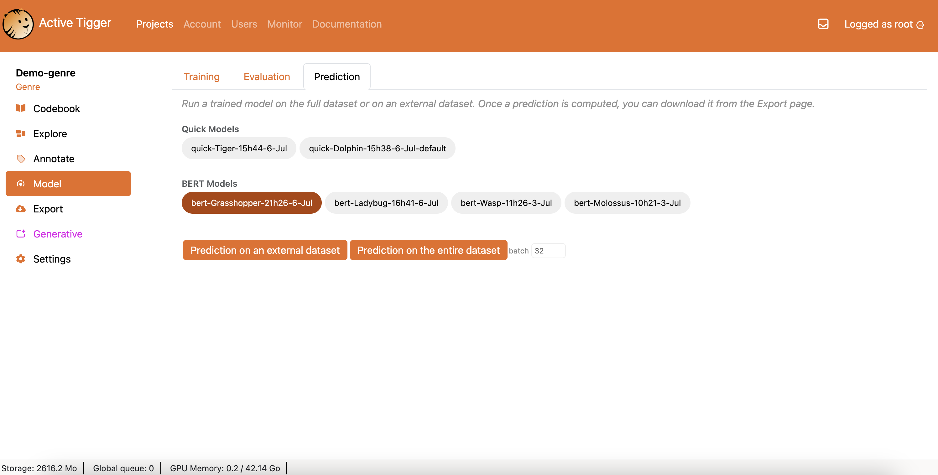 ActiveTigger prediction view, with a fine-tuned model applied to the corpus